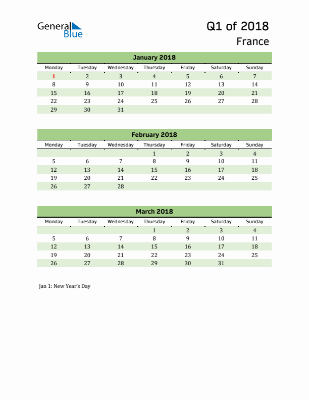 Quarterly Calendar 2018 with France Holidays