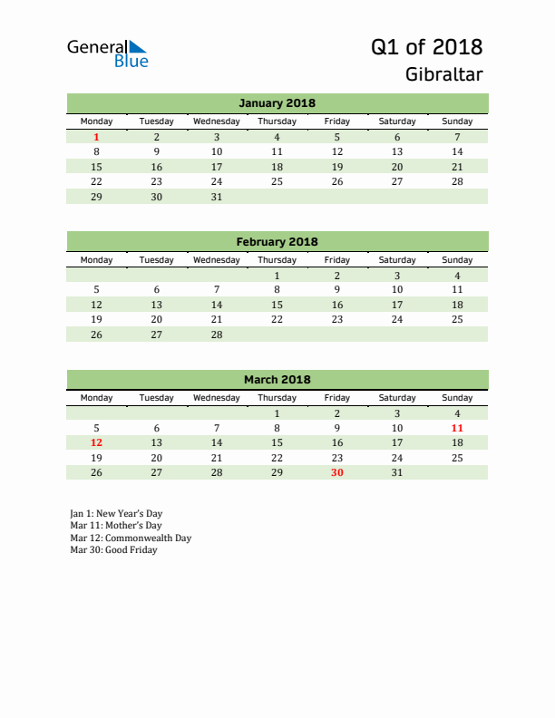 Quarterly Calendar 2018 with Gibraltar Holidays