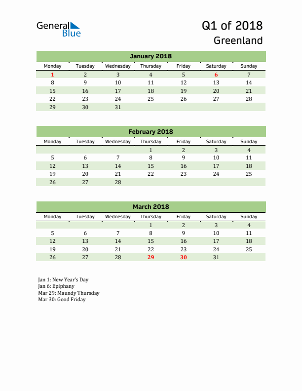 Quarterly Calendar 2018 with Greenland Holidays