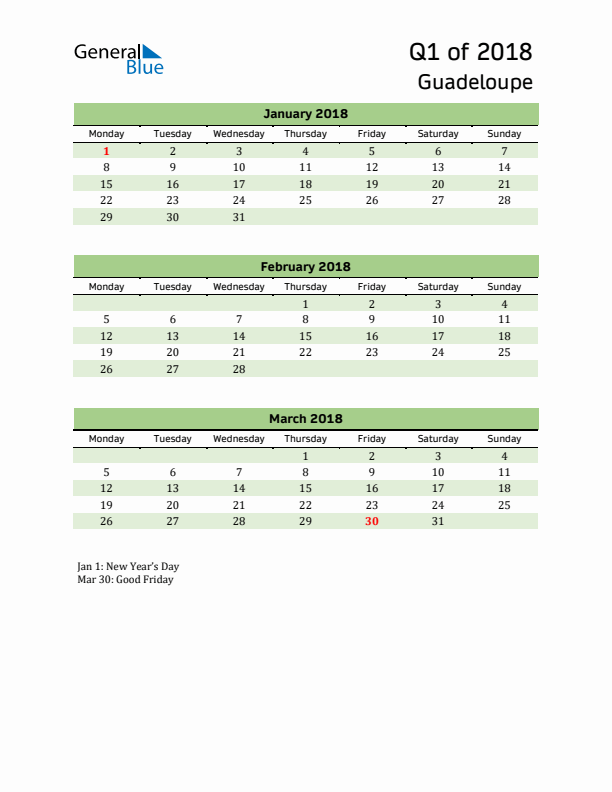 Quarterly Calendar 2018 with Guadeloupe Holidays