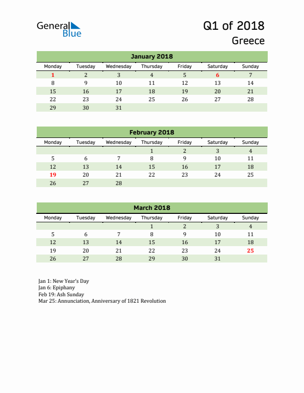 Quarterly Calendar 2018 with Greece Holidays