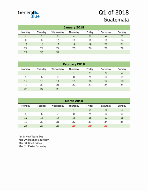 Quarterly Calendar 2018 with Guatemala Holidays