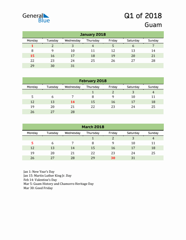 Quarterly Calendar 2018 with Guam Holidays