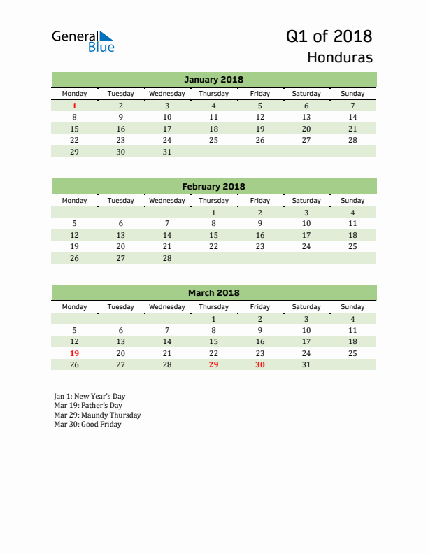 Quarterly Calendar 2018 with Honduras Holidays