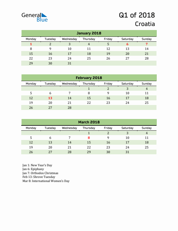 Quarterly Calendar 2018 with Croatia Holidays