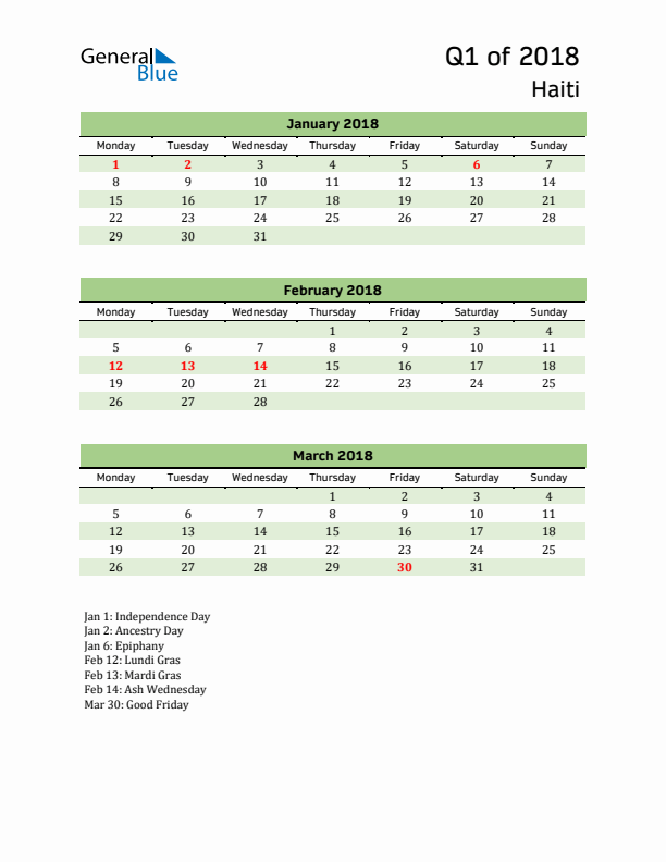 Quarterly Calendar 2018 with Haiti Holidays