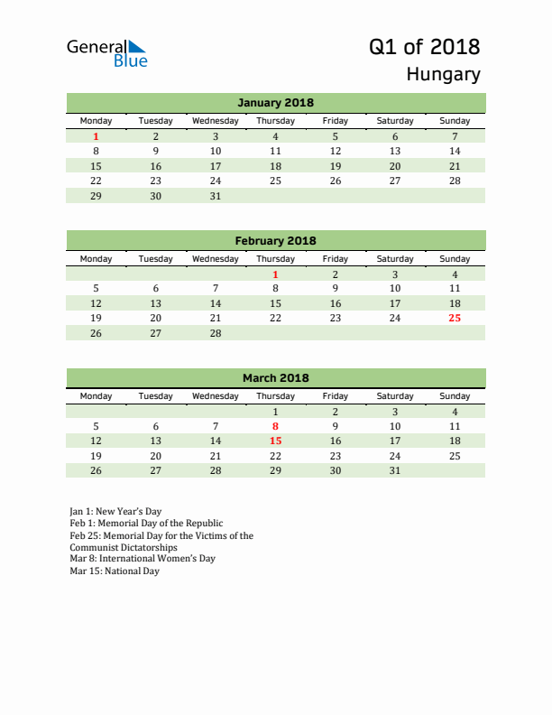 Quarterly Calendar 2018 with Hungary Holidays