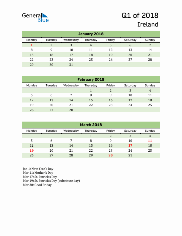 Quarterly Calendar 2018 with Ireland Holidays