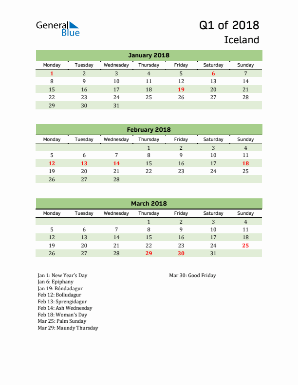 Quarterly Calendar 2018 with Iceland Holidays