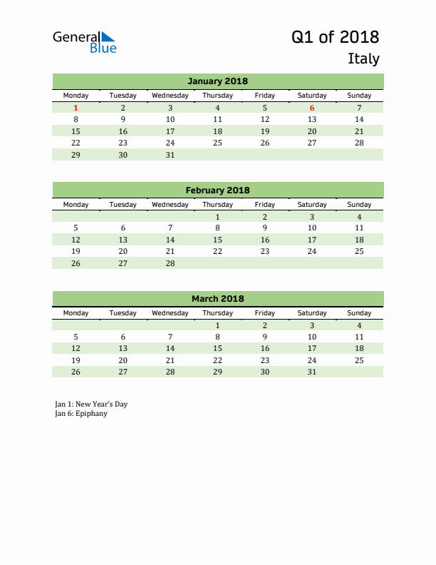 Quarterly Calendar 2018 with Italy Holidays