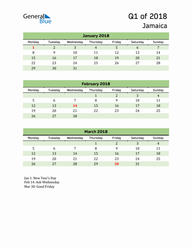 Quarterly Calendar 2018 with Jamaica Holidays