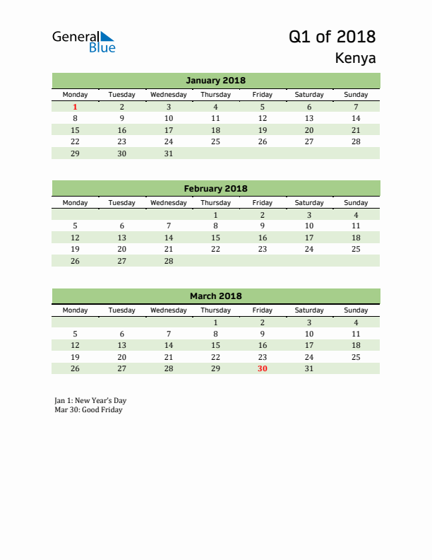 Quarterly Calendar 2018 with Kenya Holidays