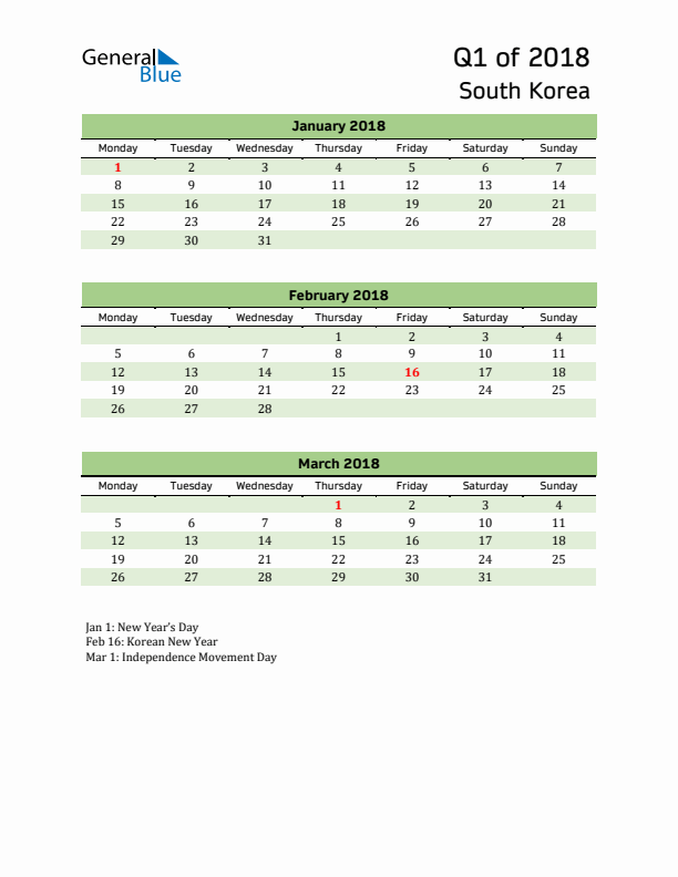 Quarterly Calendar 2018 with South Korea Holidays