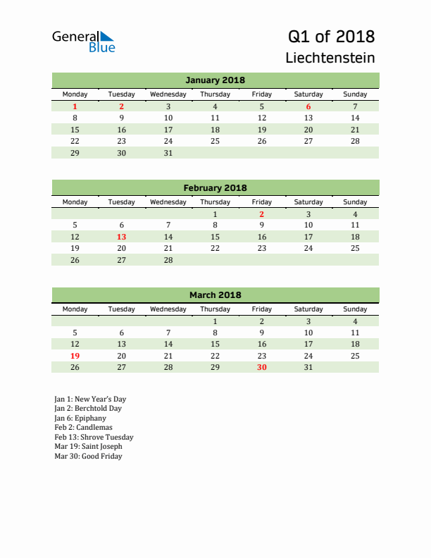 Quarterly Calendar 2018 with Liechtenstein Holidays