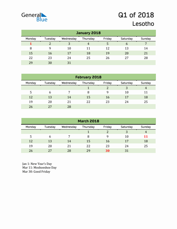 Quarterly Calendar 2018 with Lesotho Holidays