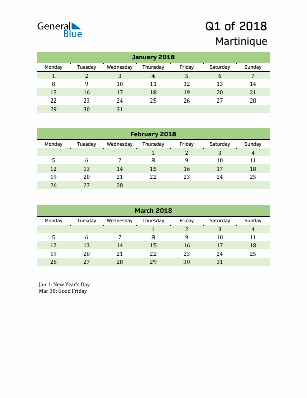 Quarterly Calendar 2018 with Martinique Holidays