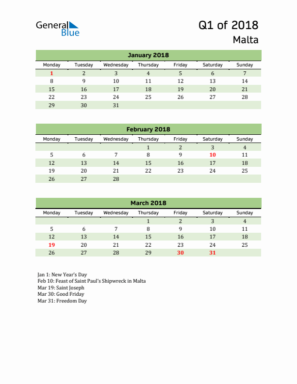 Quarterly Calendar 2018 with Malta Holidays