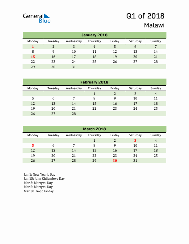 Quarterly Calendar 2018 with Malawi Holidays