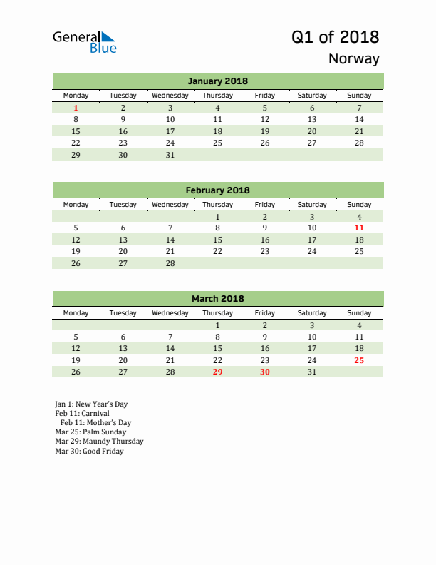 Quarterly Calendar 2018 with Norway Holidays