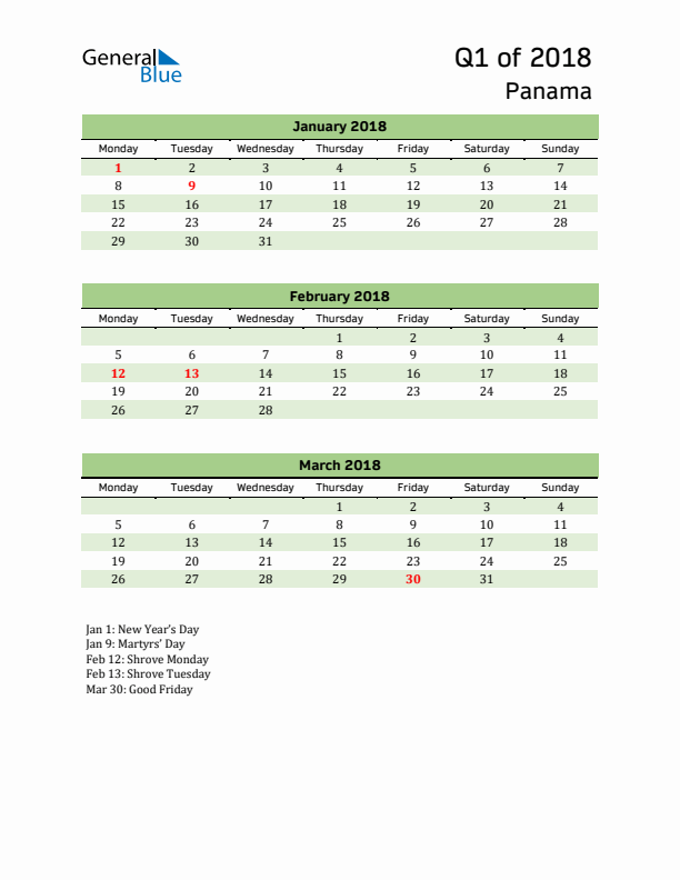 Quarterly Calendar 2018 with Panama Holidays