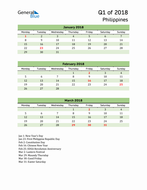 Quarterly Calendar 2018 with Philippines Holidays