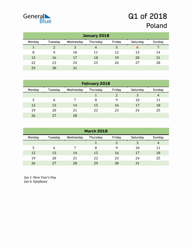 Quarterly Calendar 2018 with Poland Holidays