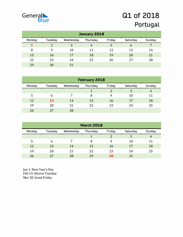 Quarterly Calendar 2018 with Portugal Holidays