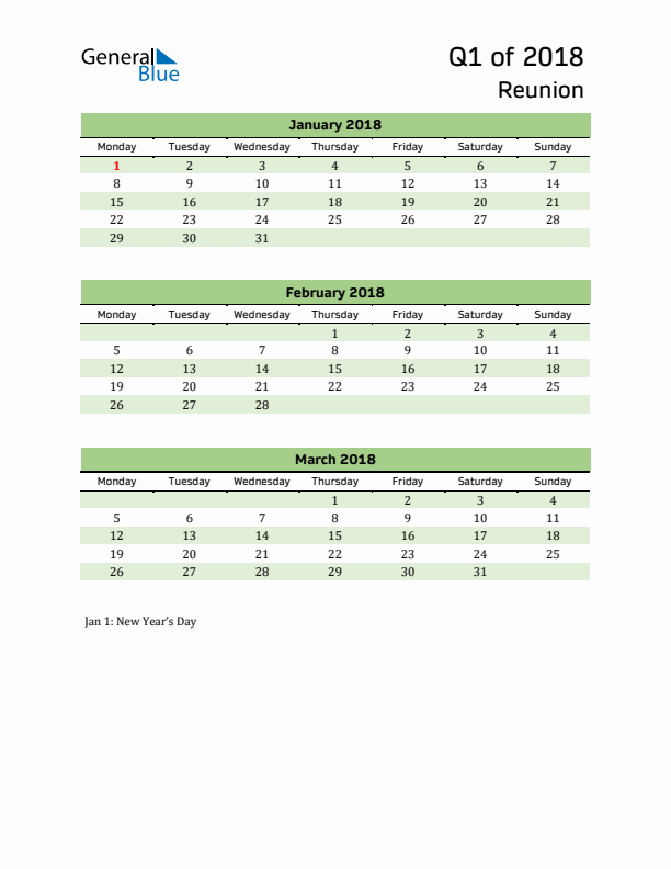 Quarterly Calendar 2018 with Reunion Holidays