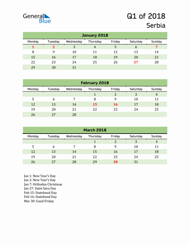 Quarterly Calendar 2018 with Serbia Holidays