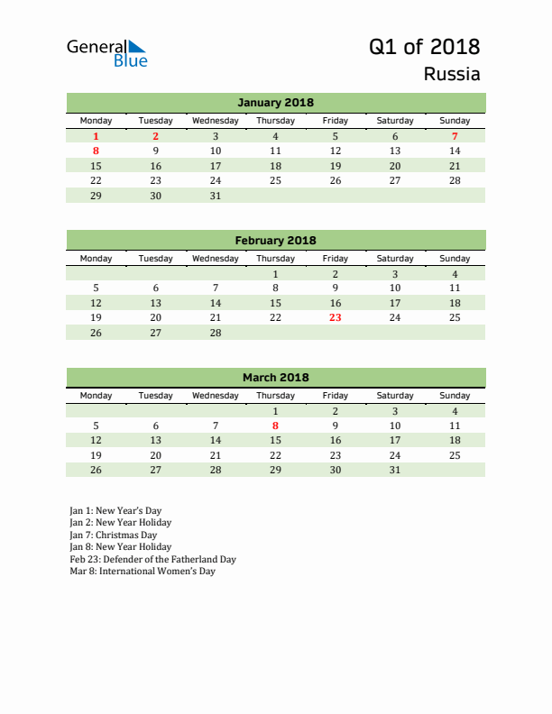 Quarterly Calendar 2018 with Russia Holidays