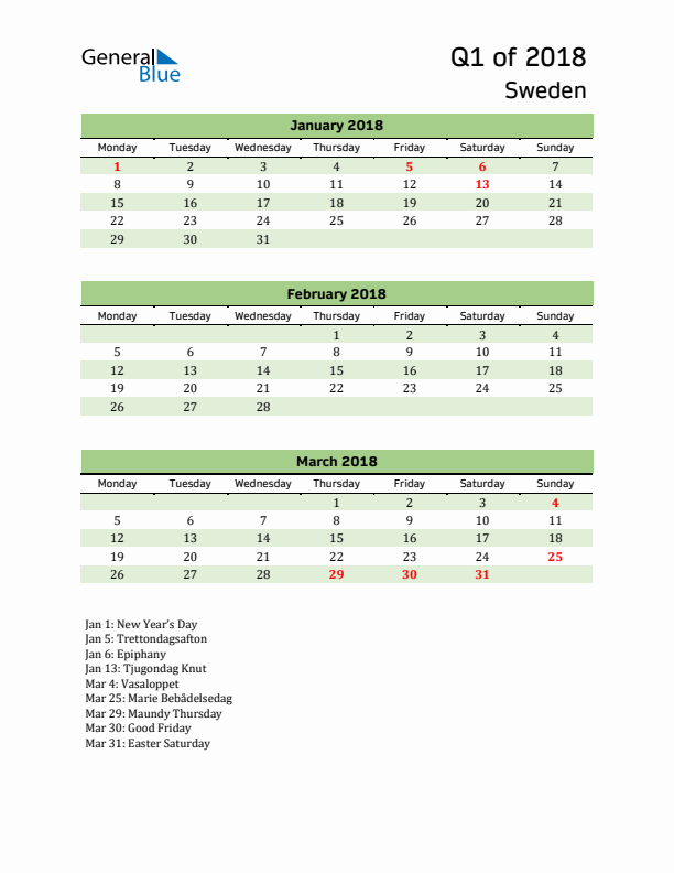 Quarterly Calendar 2018 with Sweden Holidays