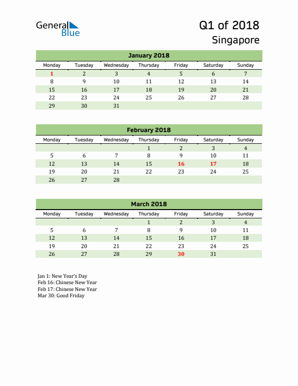 Quarterly Calendar 2018 with Singapore Holidays