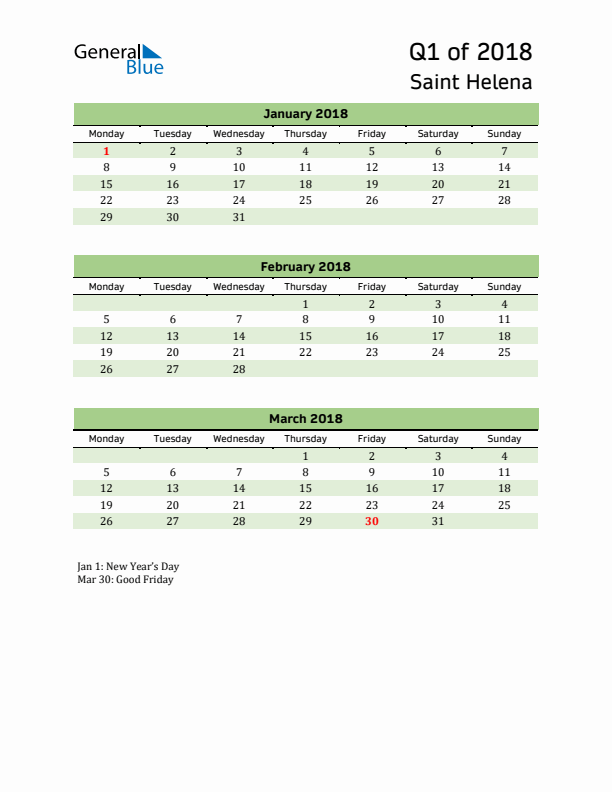 Quarterly Calendar 2018 with Saint Helena Holidays