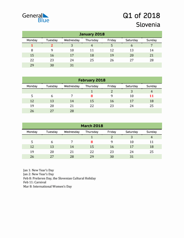 Quarterly Calendar 2018 with Slovenia Holidays