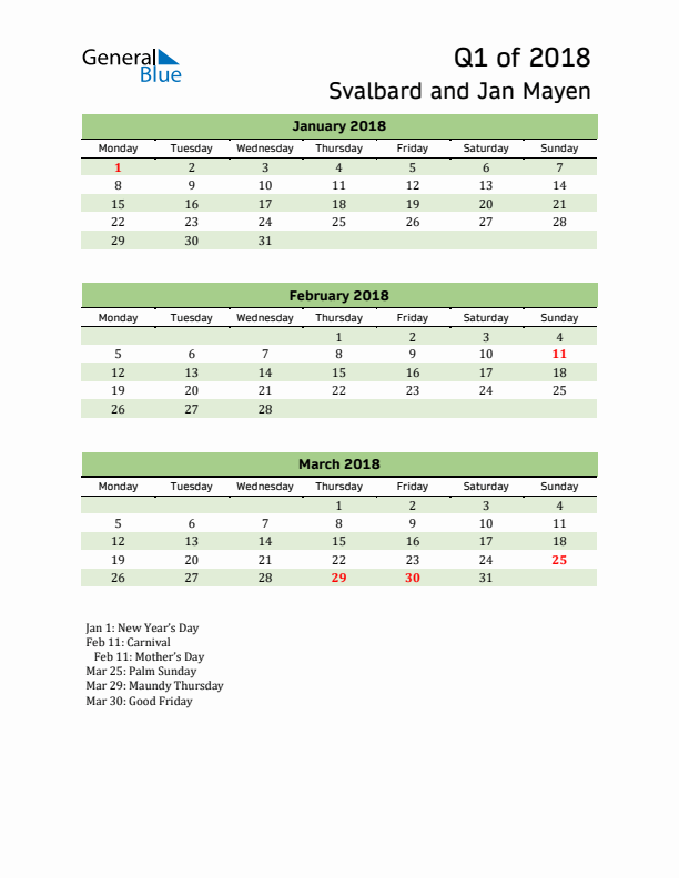 Quarterly Calendar 2018 with Svalbard and Jan Mayen Holidays