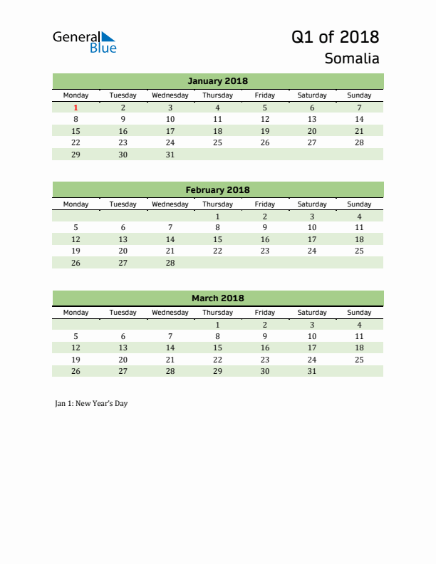 Quarterly Calendar 2018 with Somalia Holidays