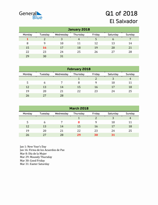 Quarterly Calendar 2018 with El Salvador Holidays