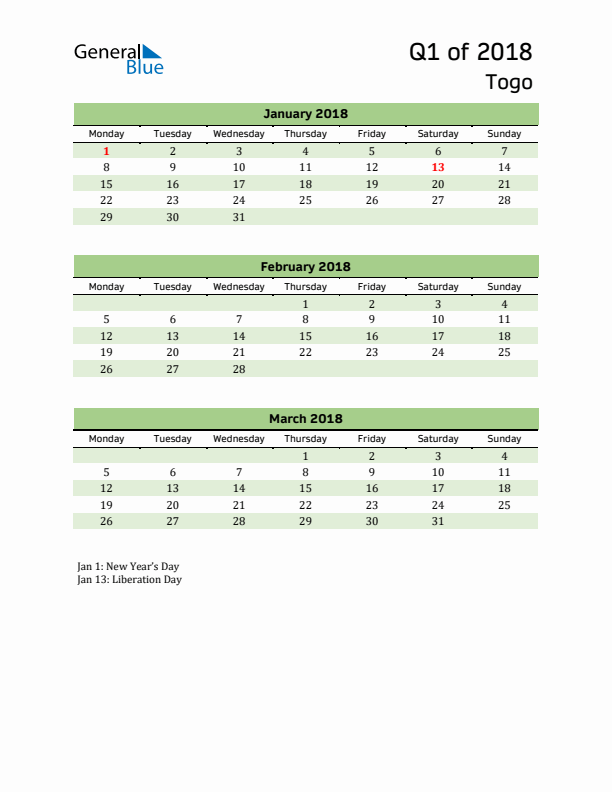 Quarterly Calendar 2018 with Togo Holidays