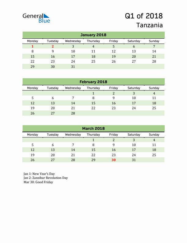 Quarterly Calendar 2018 with Tanzania Holidays