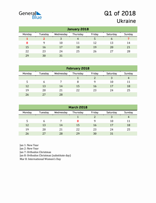 Quarterly Calendar 2018 with Ukraine Holidays