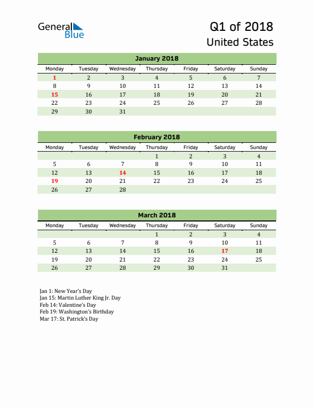 Quarterly Calendar 2018 with United States Holidays