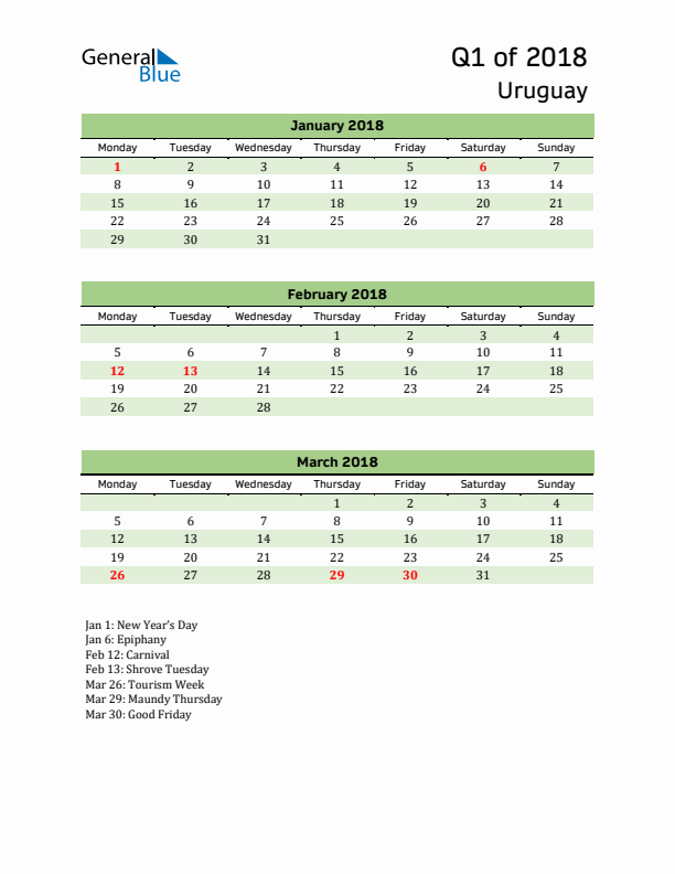 Quarterly Calendar 2018 with Uruguay Holidays