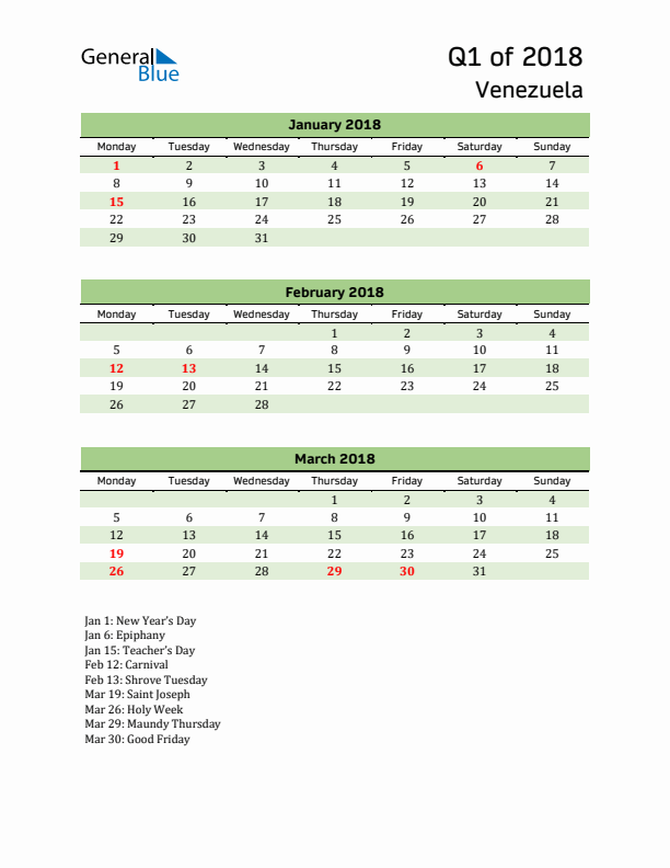 Quarterly Calendar 2018 with Venezuela Holidays