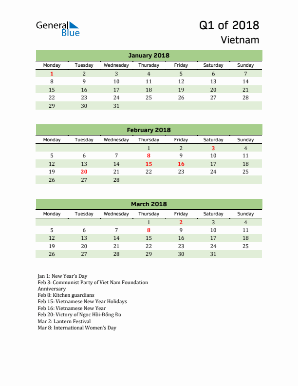 Quarterly Calendar 2018 with Vietnam Holidays