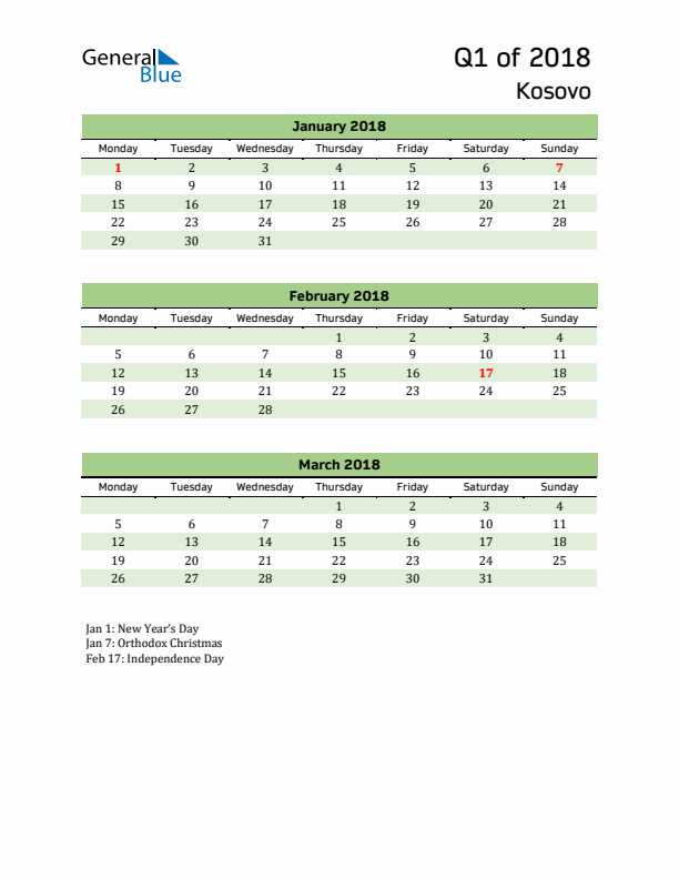 Quarterly Calendar 2018 with Kosovo Holidays