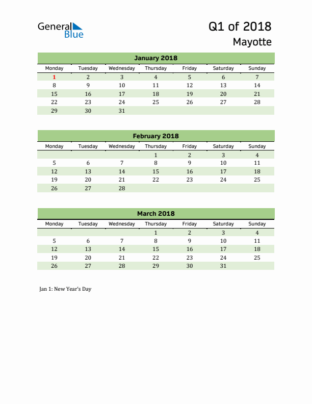 Quarterly Calendar 2018 with Mayotte Holidays