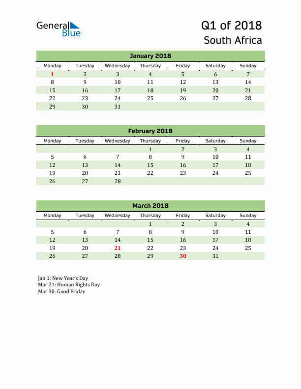 Quarterly Calendar 2018 with South Africa Holidays