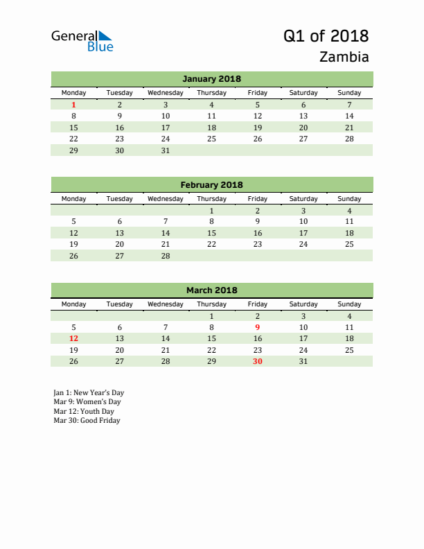 Quarterly Calendar 2018 with Zambia Holidays