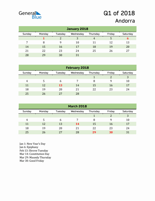 Quarterly Calendar 2018 with Andorra Holidays