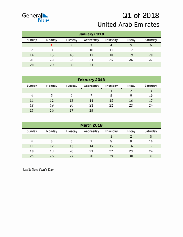 Quarterly Calendar 2018 with United Arab Emirates Holidays